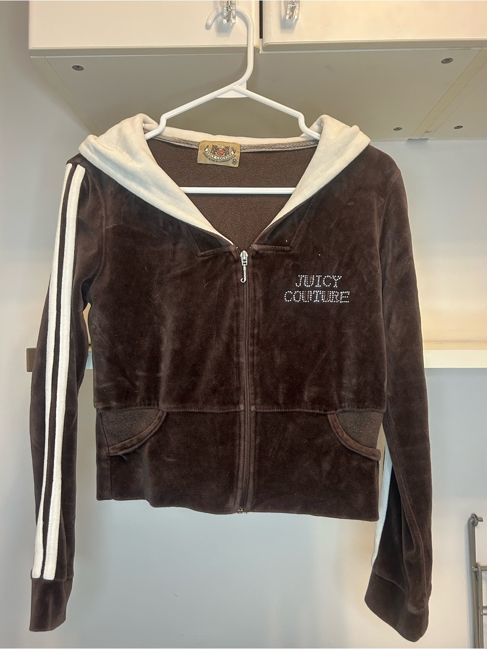 Juicy Couture Chocolate Brown Velour Zip Hoodie with White Trim